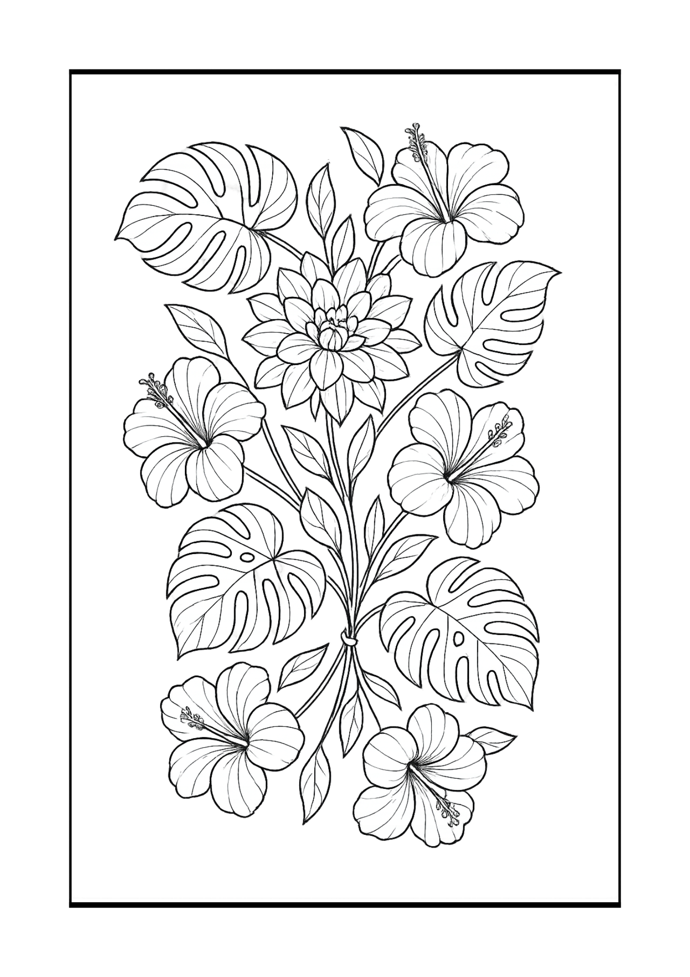 Free Tropical Hibiscus, Monstera & Dahlia Coloring Pages Set (PDF, 300 DPI)