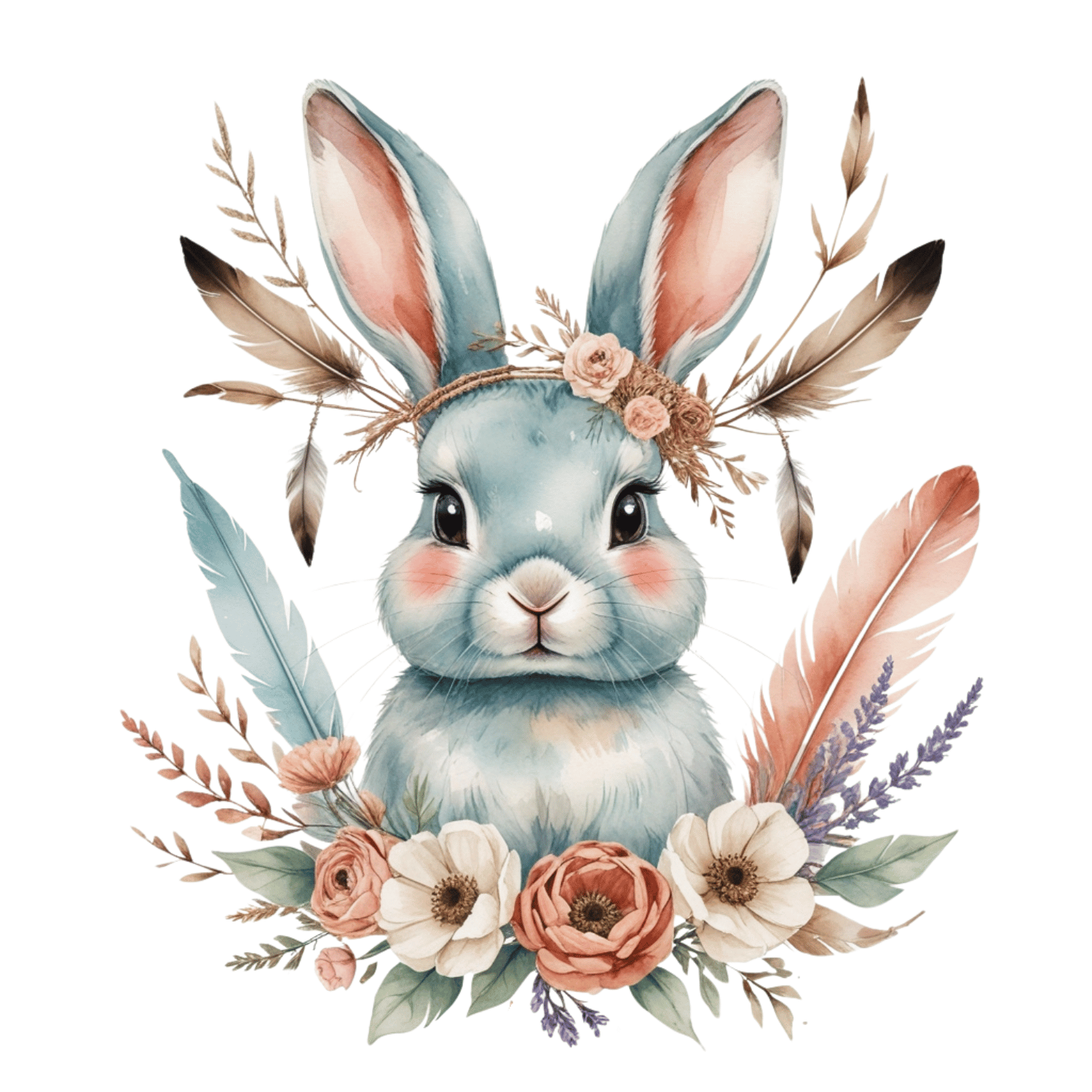 Free Boho Blue Bunny with Floral Crown & Feathers Clipart (PNG, 300 DPI)