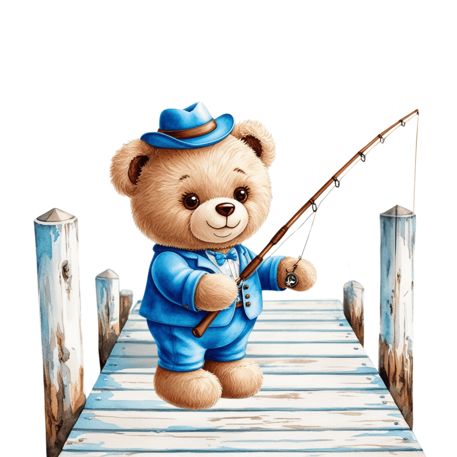 Bear Fishing on a Wooden Pier – Watercolor Clipart (PNG, 300 DPI)