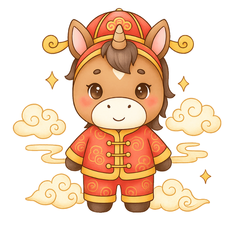 Free Cute Chinese New Year Unicorn Horse on Clouds Clipart