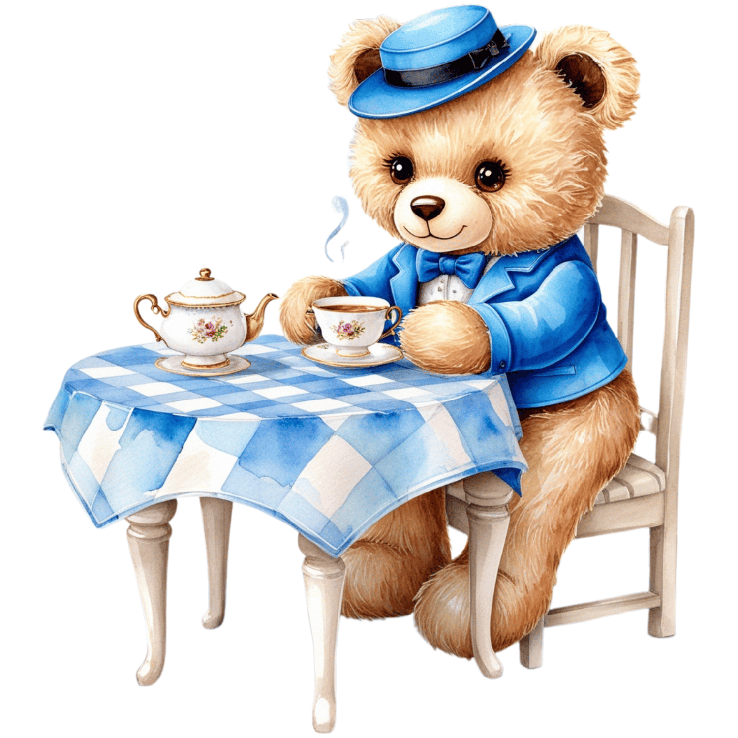 Dapper Bear at Tea Time – Watercolor Clipart (PNG, 300 DPI)