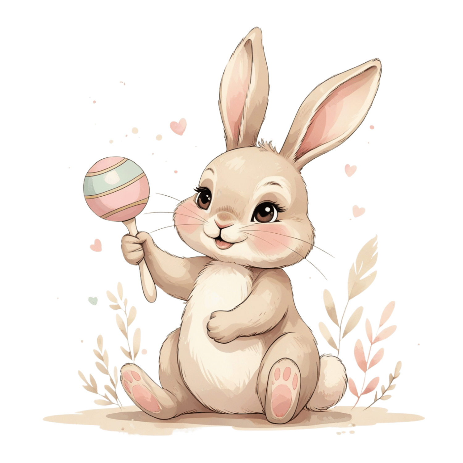 Free Watercolor Baby Bunny with Rattle Clipart