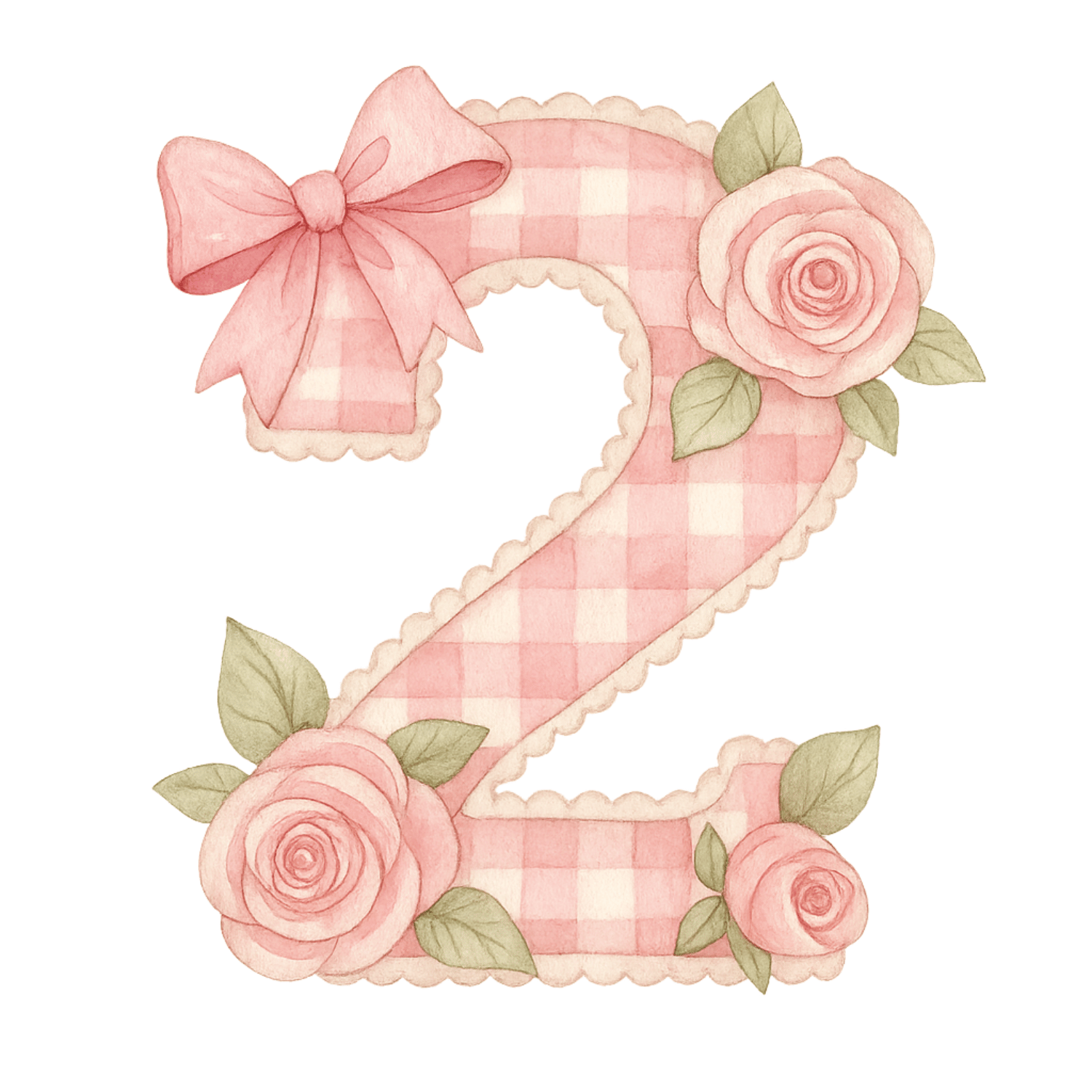 Free Pink Gingham Number 2 Clipart with Roses & Bow (PNG, 300 DPI)