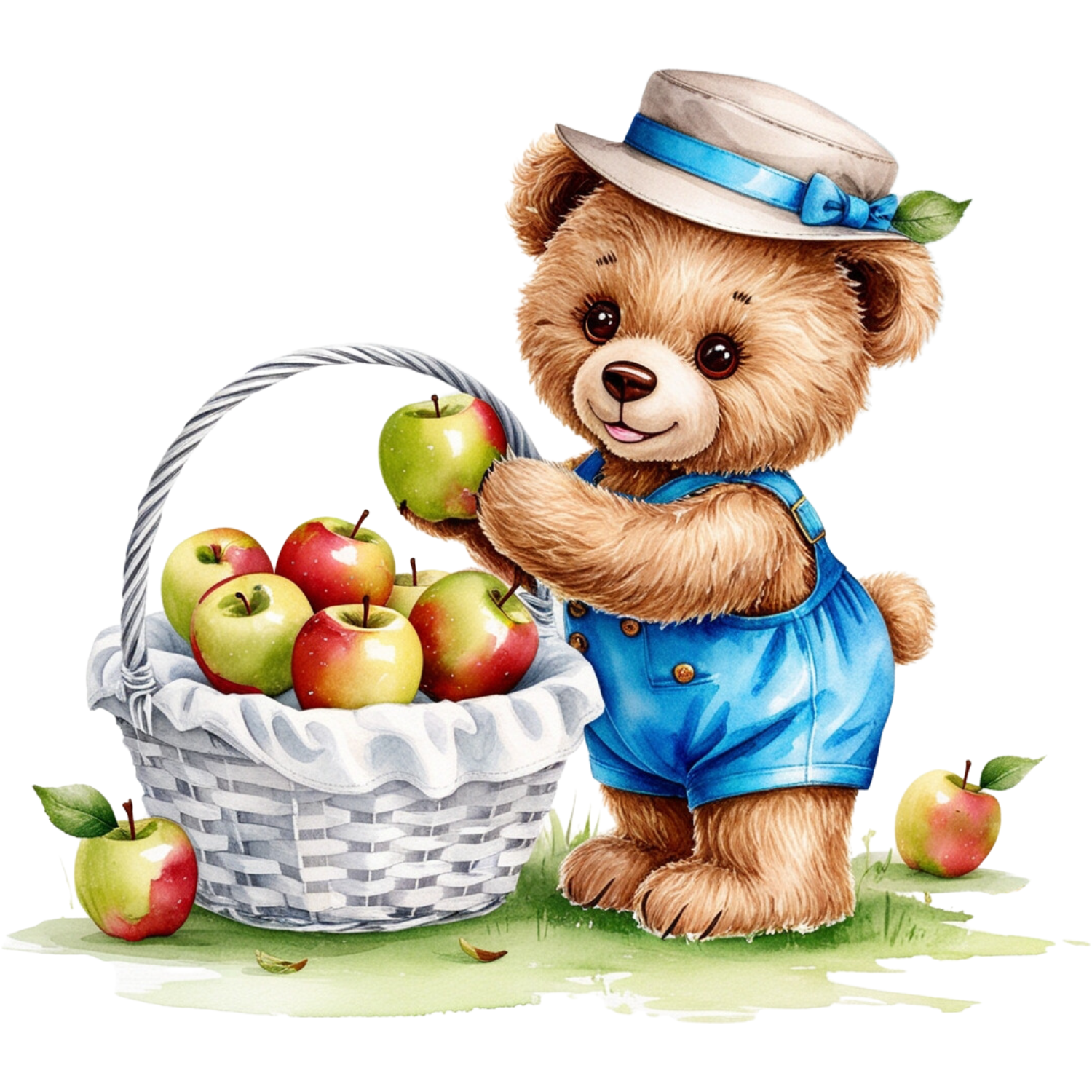 Apple-Picking Bear in Blue Overalls
