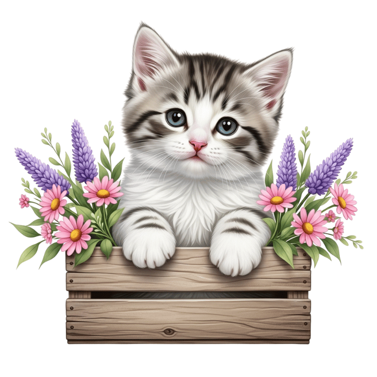 Free Watercolor Kitten in Wooden Crate Clipart