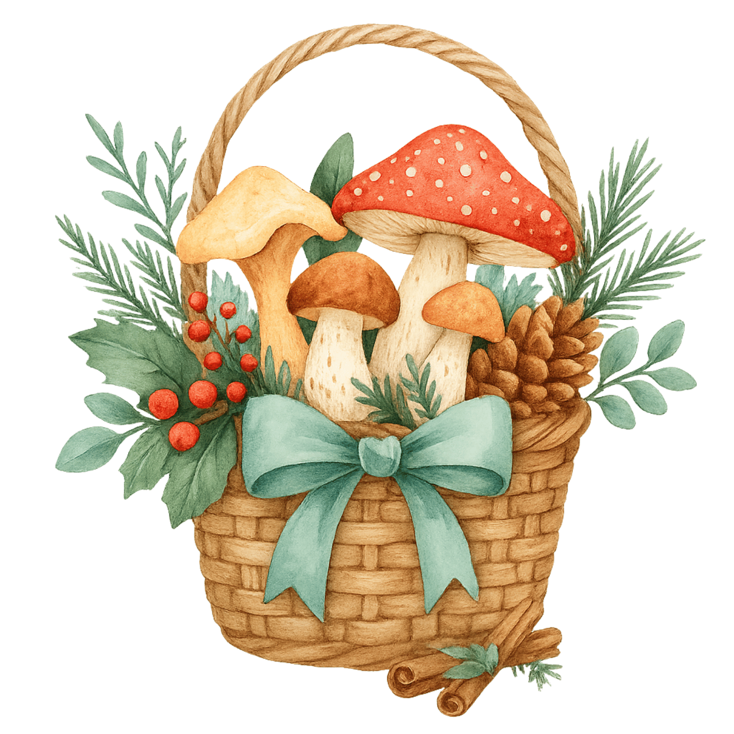 Free Watercolor Christmas Mushroom Basket Clipart (PNG, 300 DPI)