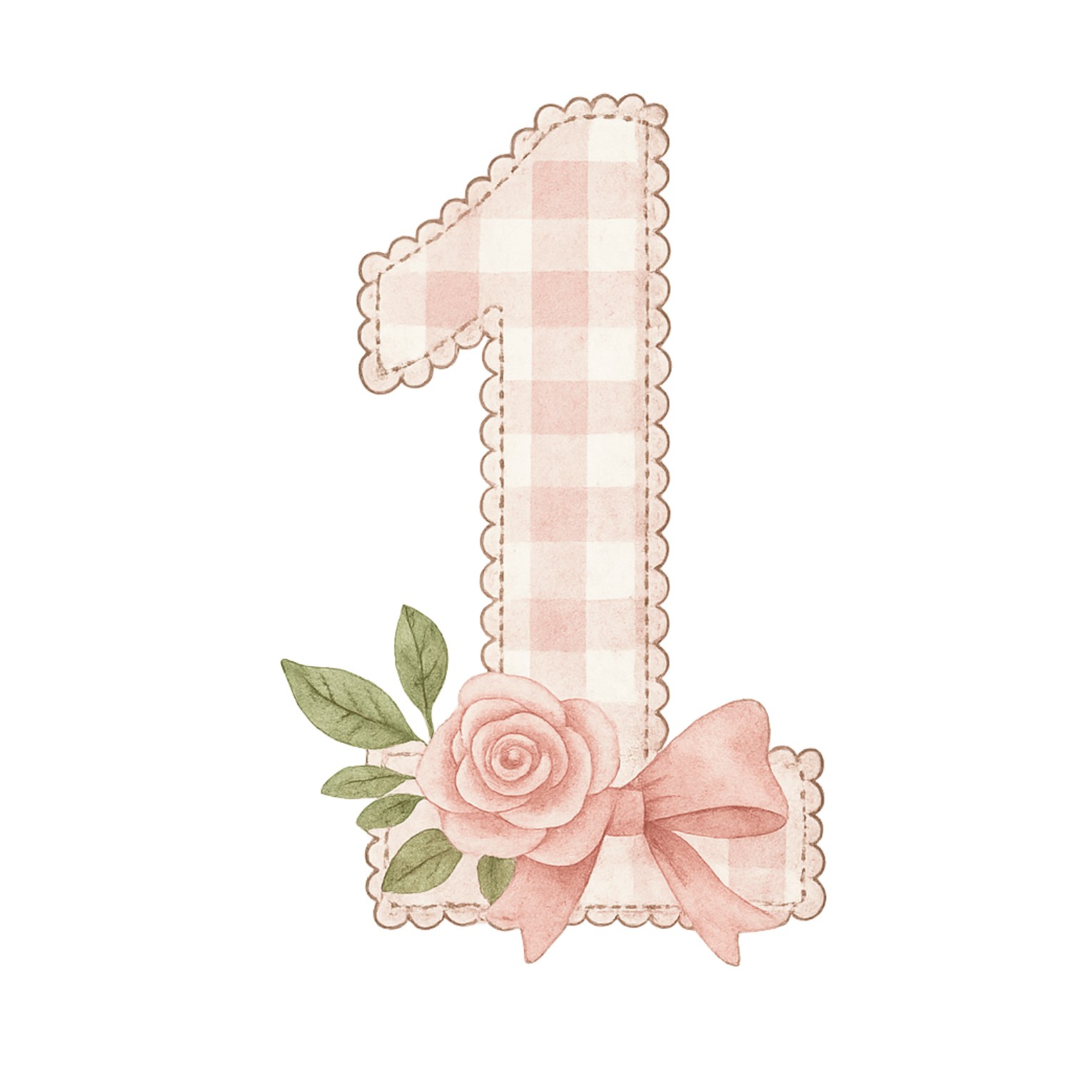Free Pink Gingham Number 1 Clipart with Rose & Bow (PNG, 300 DPI)