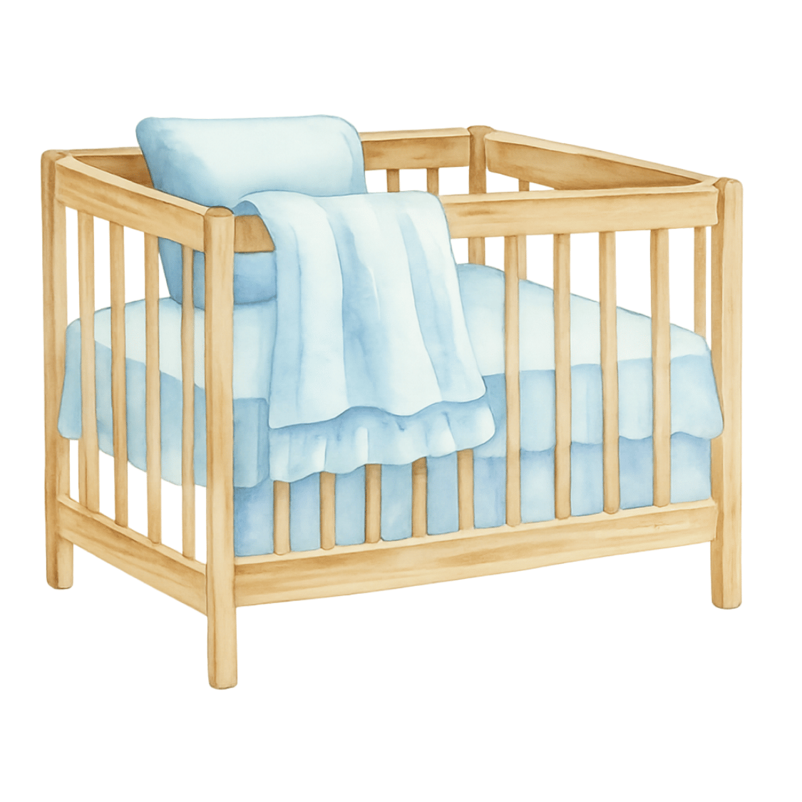Free Watercolor Baby Crib Clipart – Wooden Crib with Blue Bedding