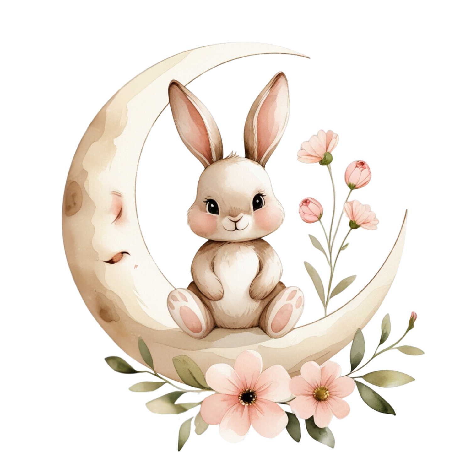 Watercolor Bunny on Crescent Moon
