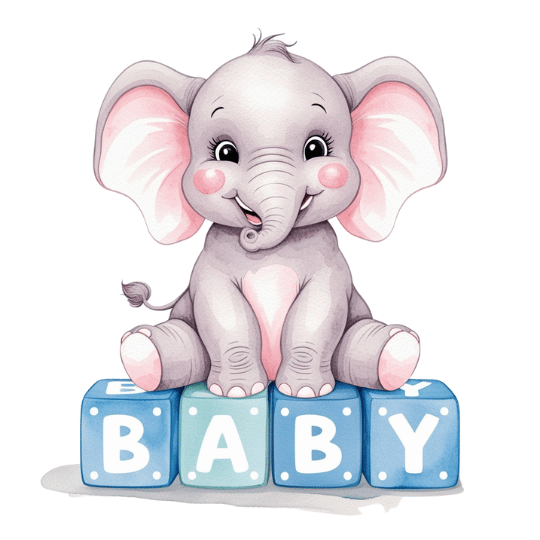 Free Watercolor Baby Elephant on Baby Blocks Clipart