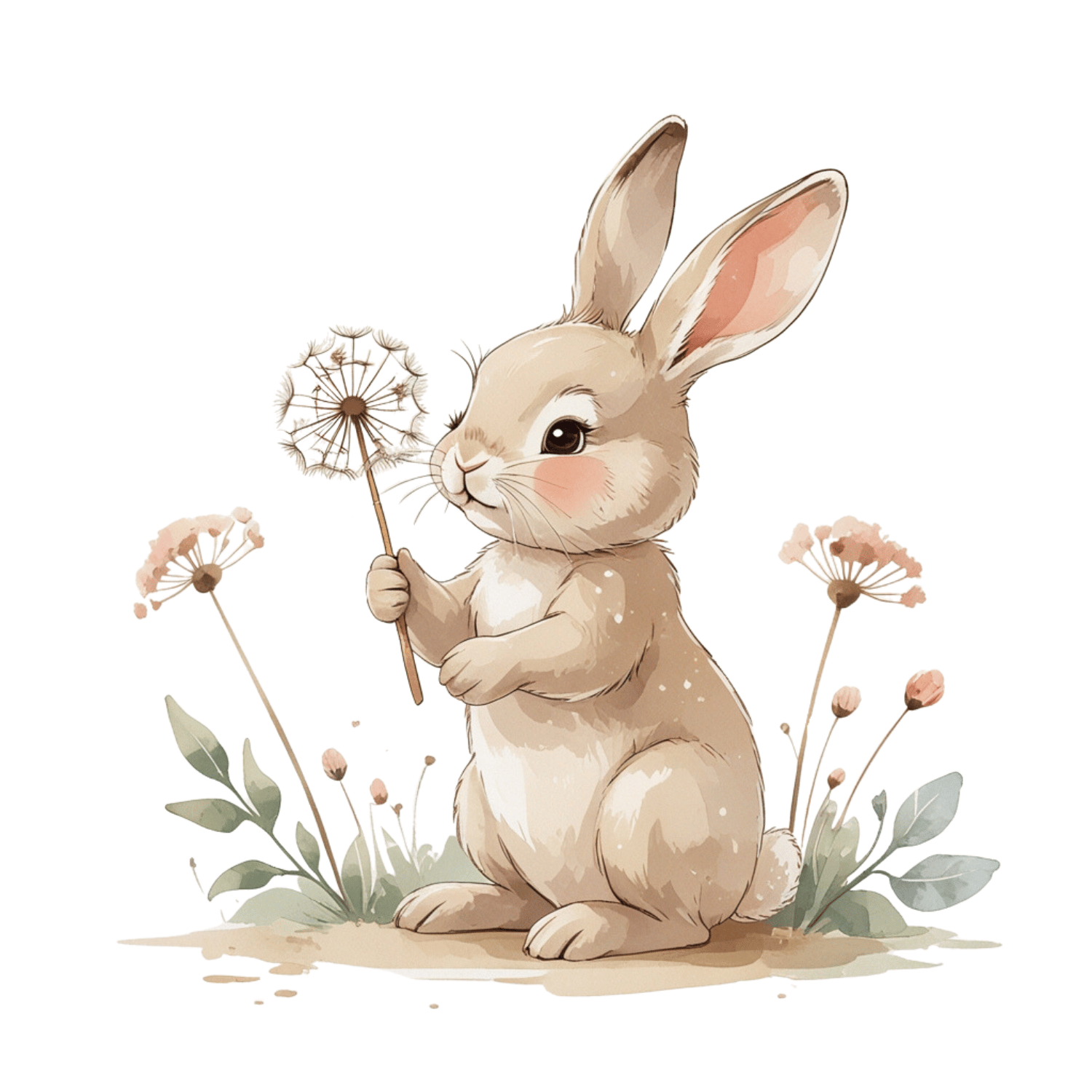 Free Watercolor Bunny with Dandelion Clipart