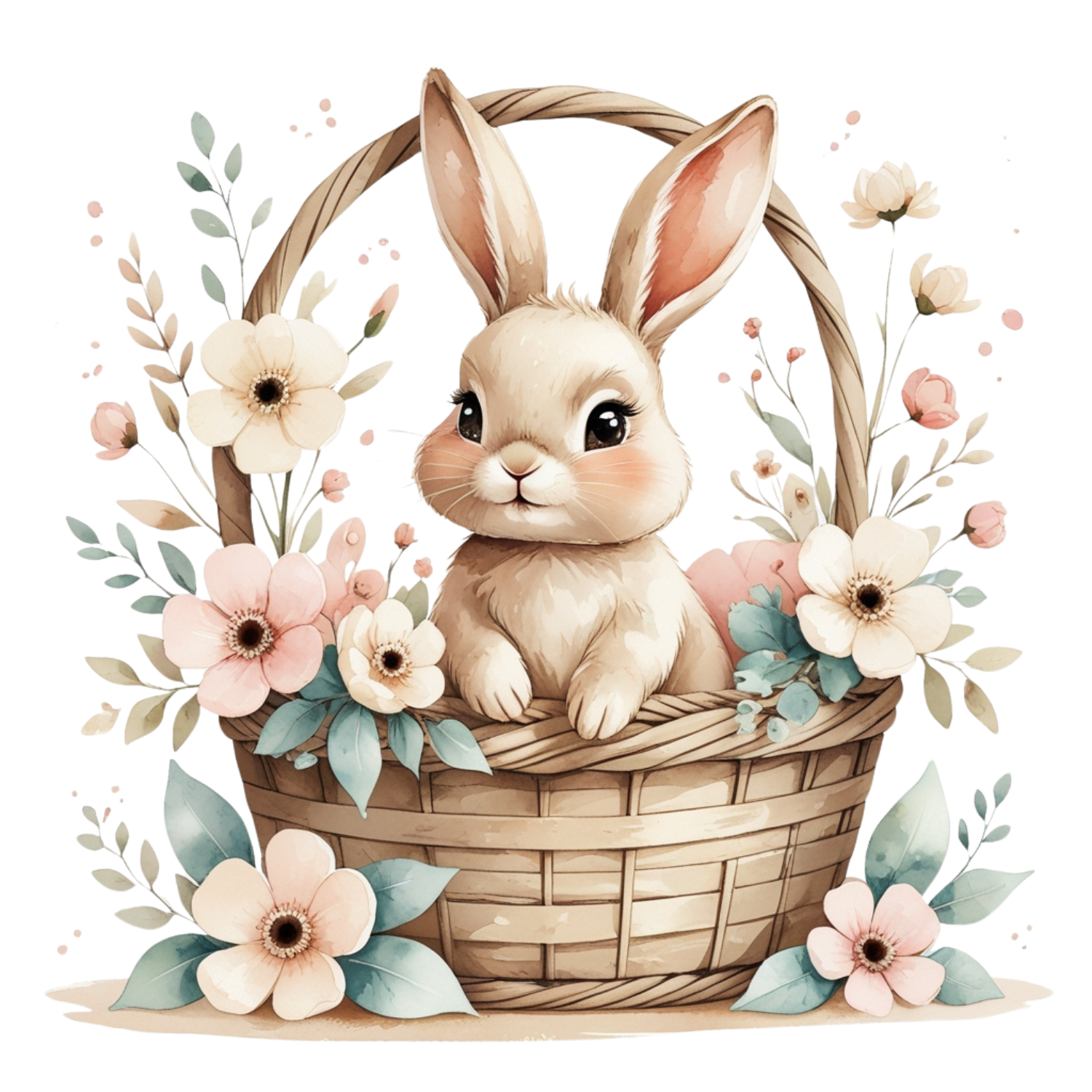 Watercolor Bunny in Floral Basket