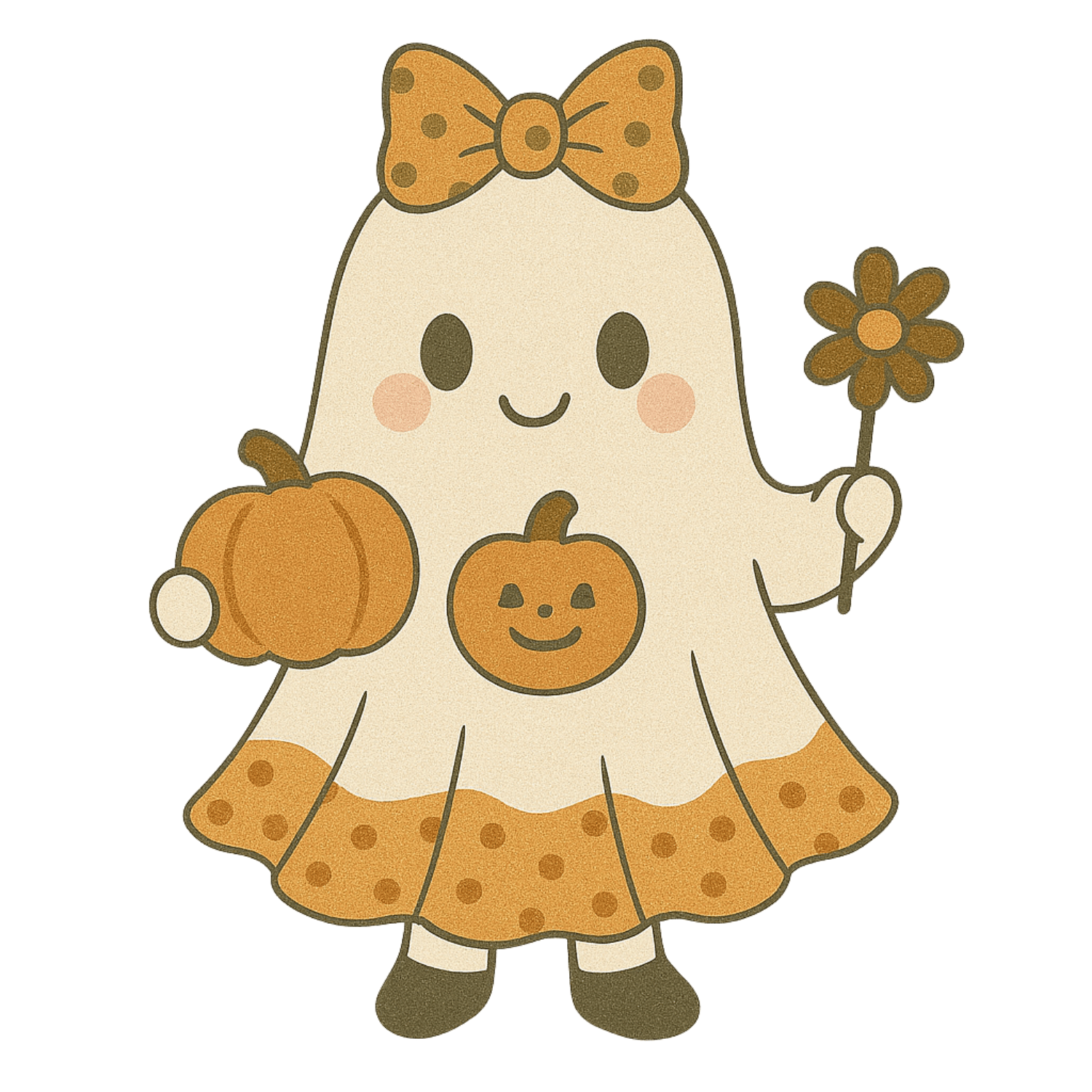 Free Kawaii Ghost Girl with Pumpkin & Flower Wand Clipart (PNG, 300 DPI)