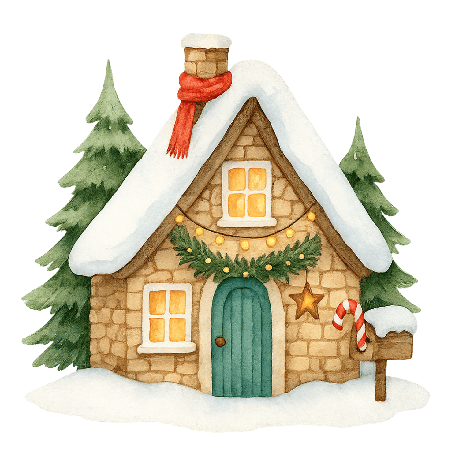 Free Watercolor Christmas Cottage Clipart (PNG, 300 DPI)