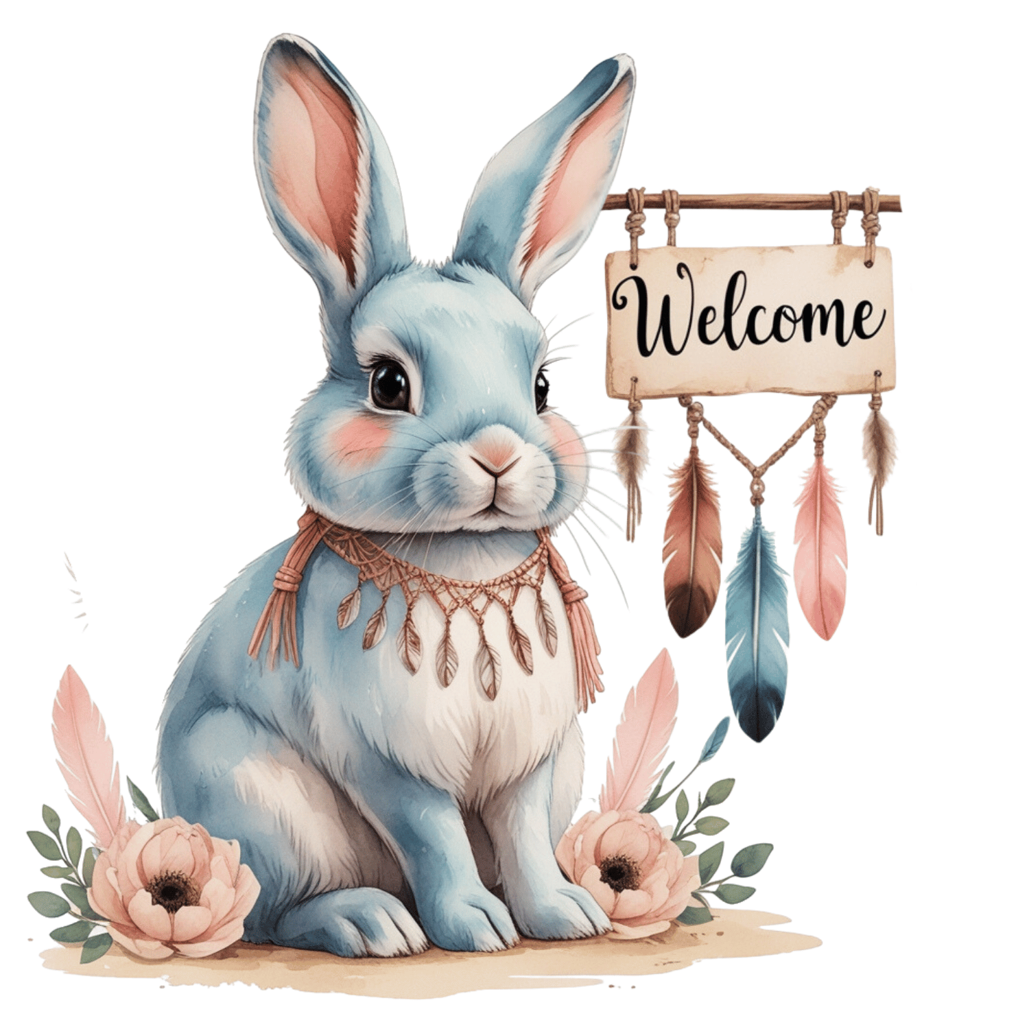 Free Boho Blue Bunny Welcome Sign Clipart (PNG, 300 DPI)
