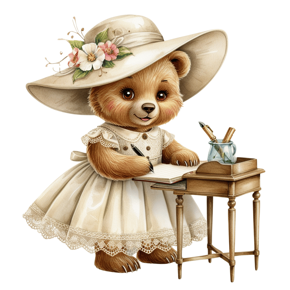 Free Vintage Teddy Bear Girl Writing at Desk Clipart