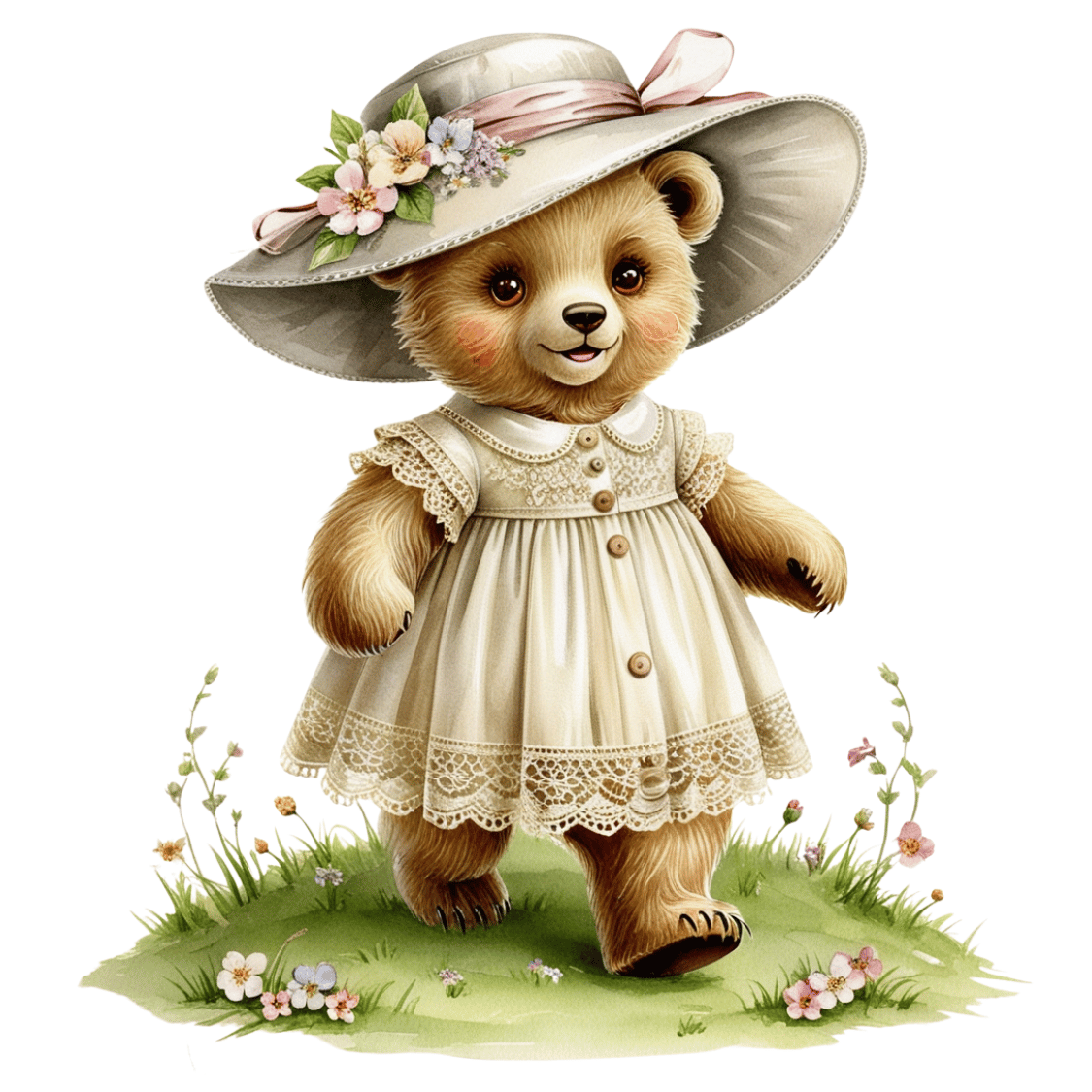 Free Vintage Teddy Bear Girl Walking on Grass Clipart