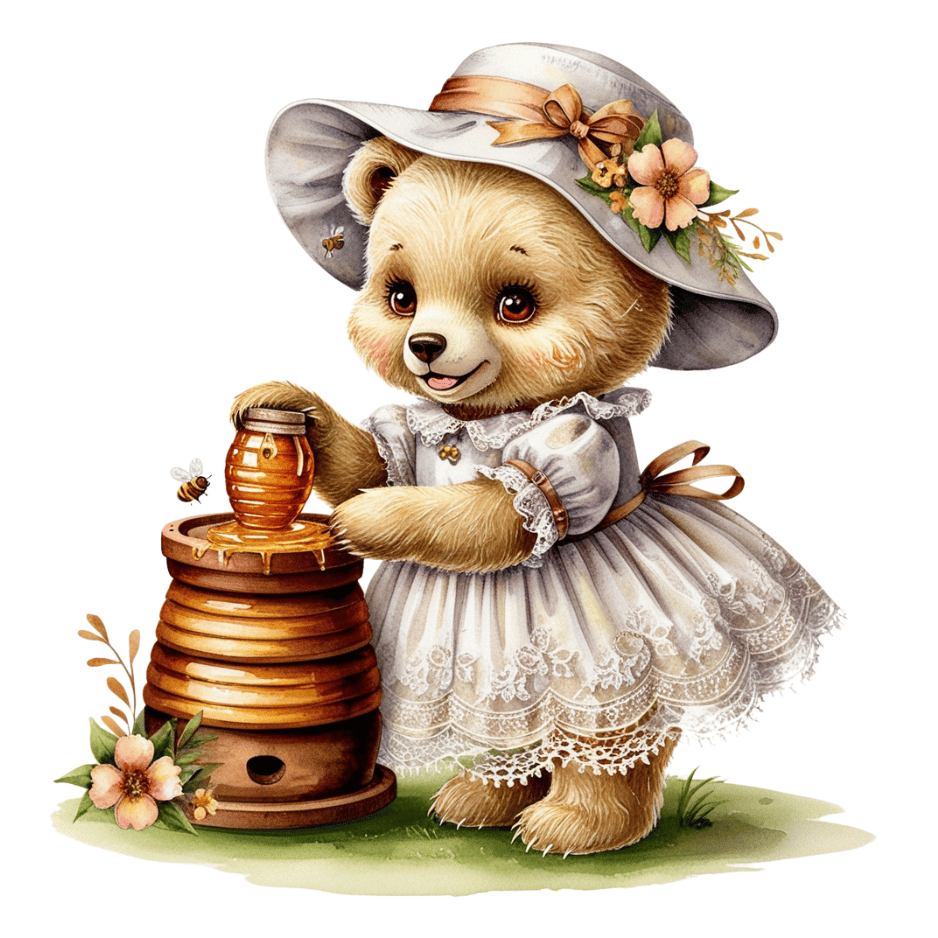 Free Vintage Teddy Bear Girl with Honey Jar & Beehive Clipart