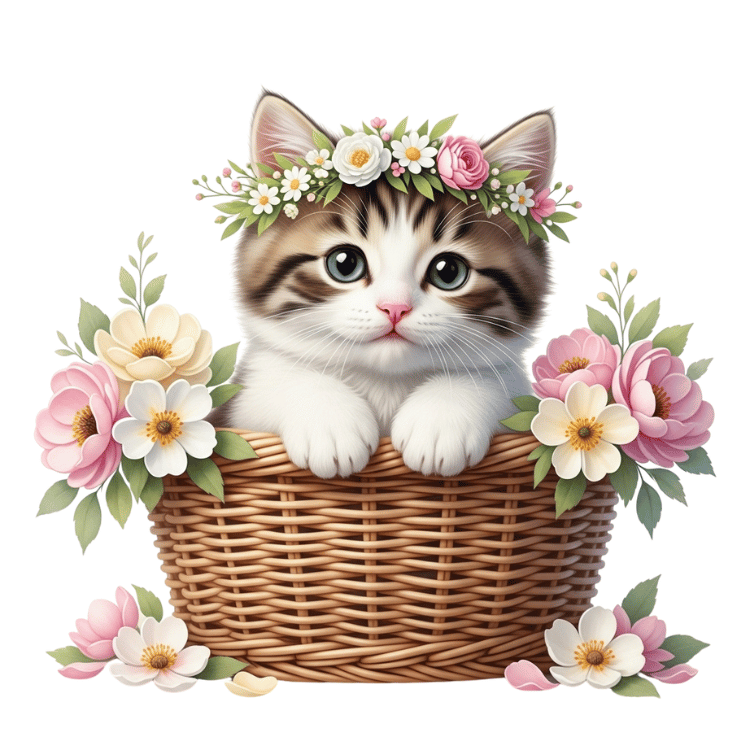 Free Watercolor Kitten in Wicker Basket Clipart