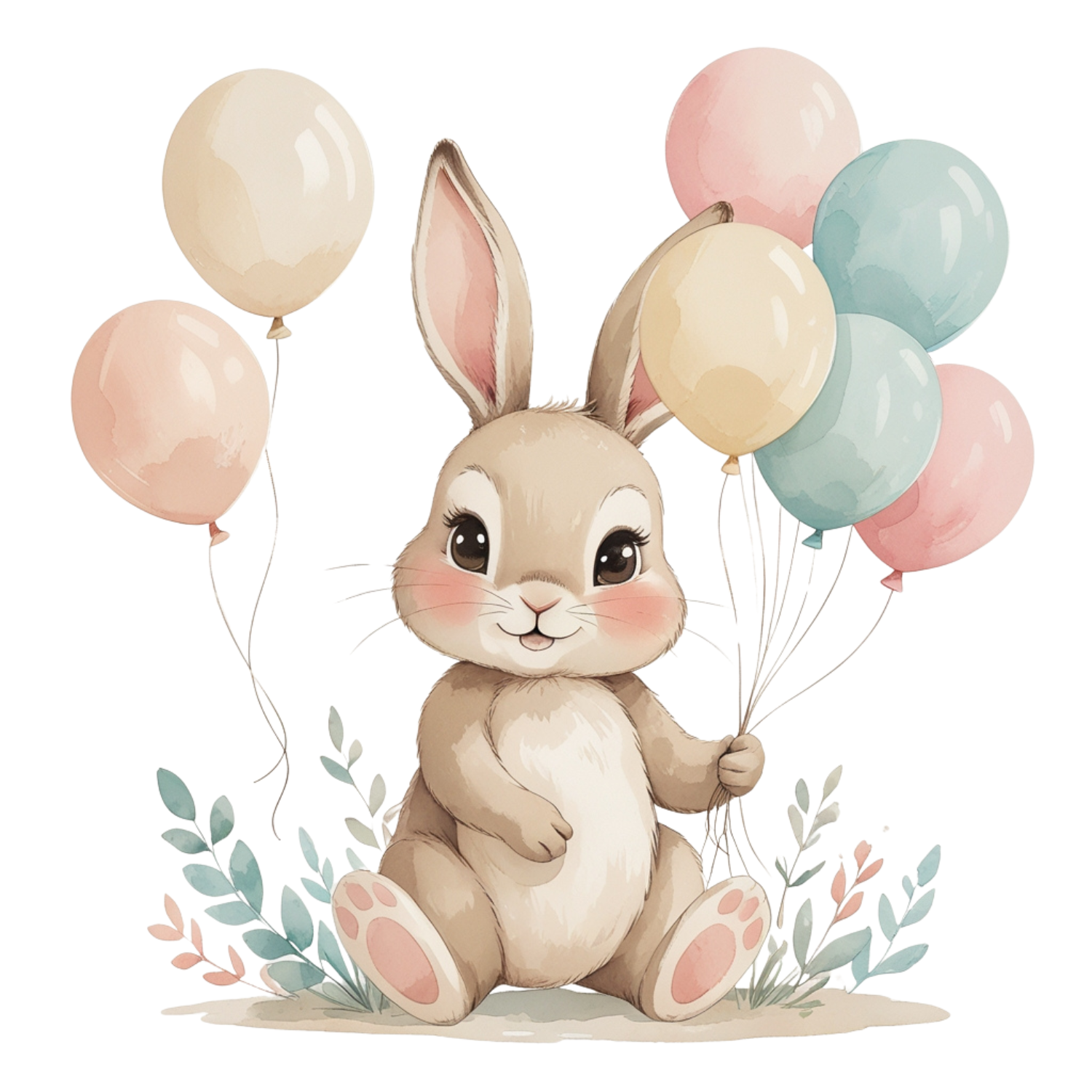 Watercolor Bunny with Pastel Balloons