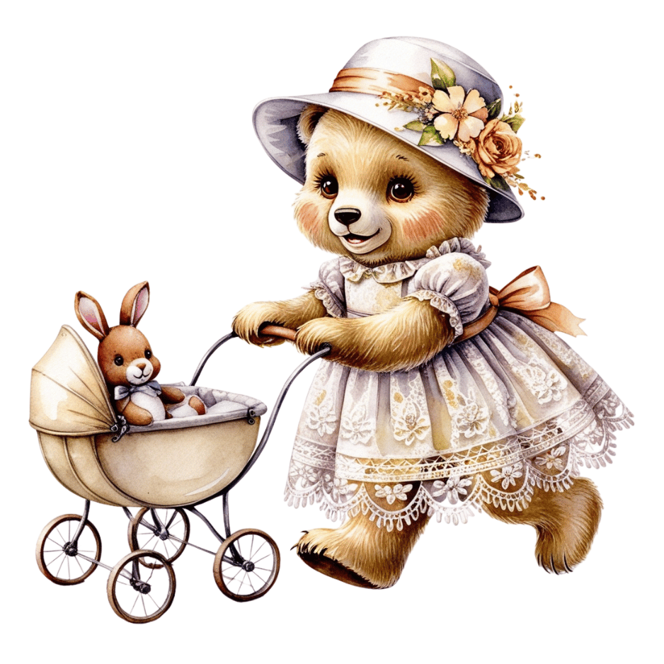 Free Vintage Teddy Bear Girl with Pram Clipart