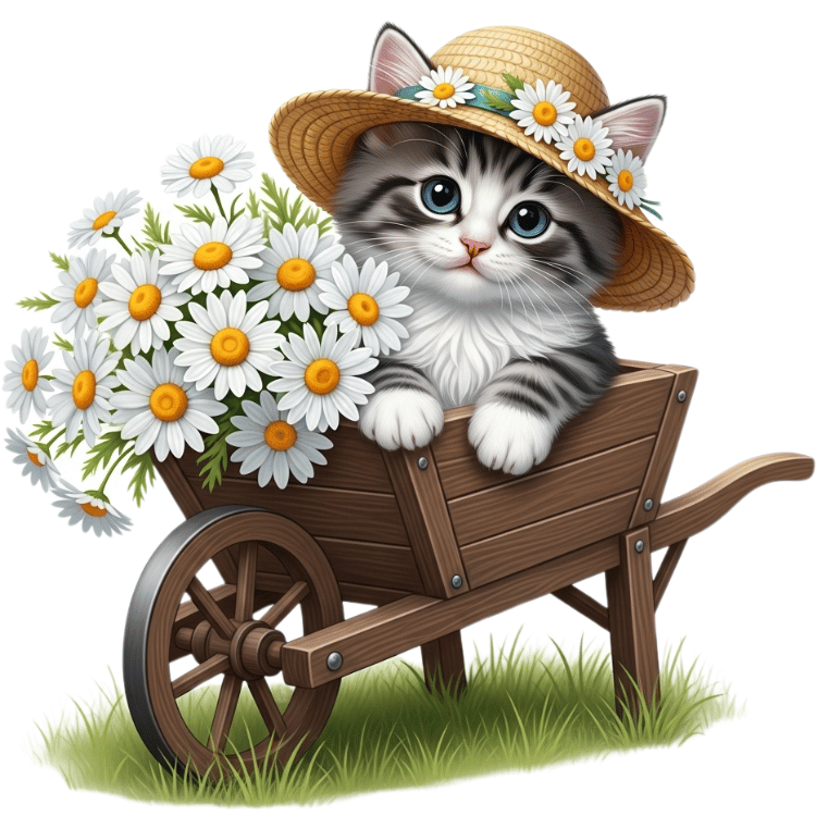 Free Watercolor Kitten in Wheelbarrow Clipart