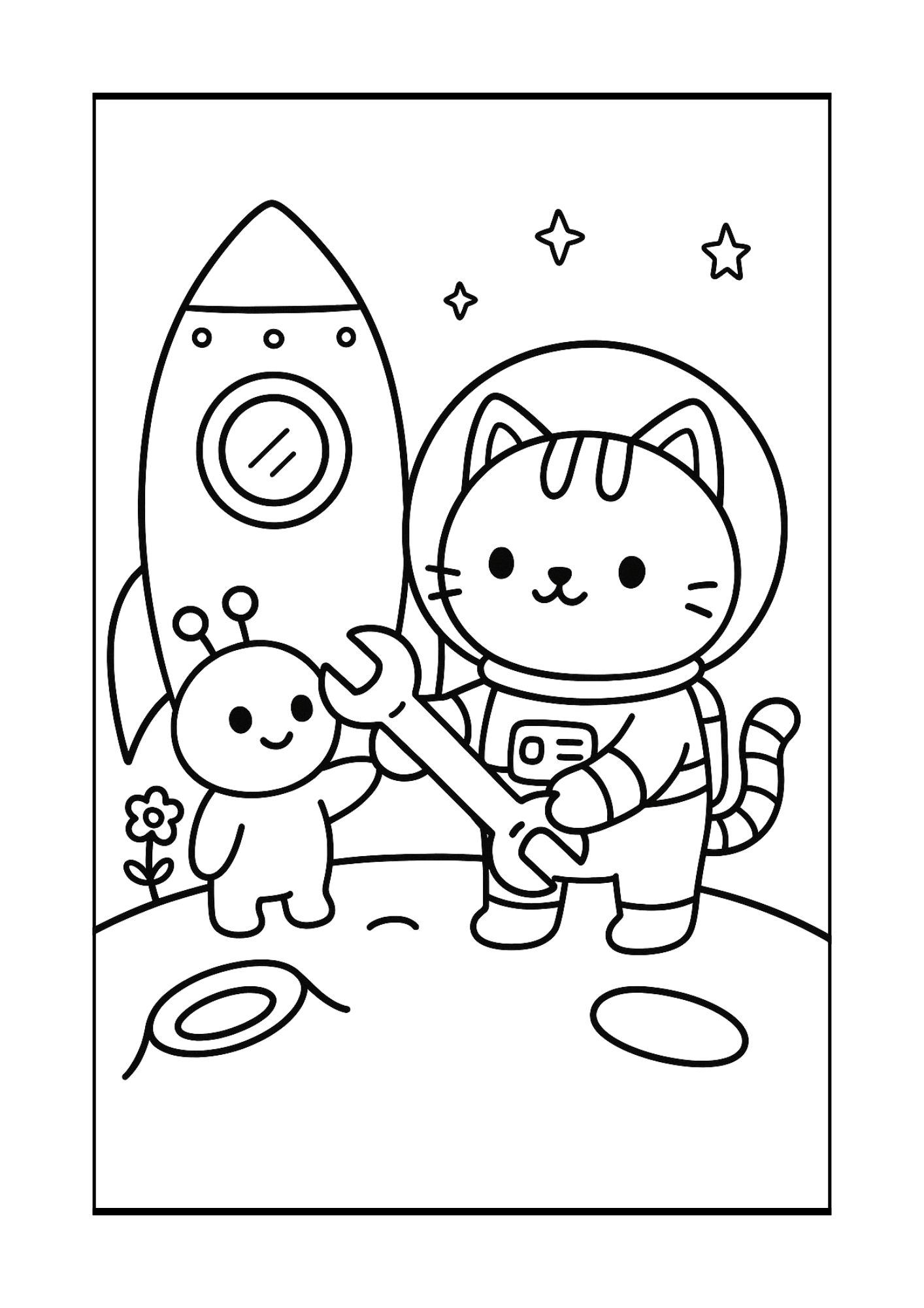 Free Cute Space Cat Astronaut Coloring Pages for Kids (PDF, 300 DPI)