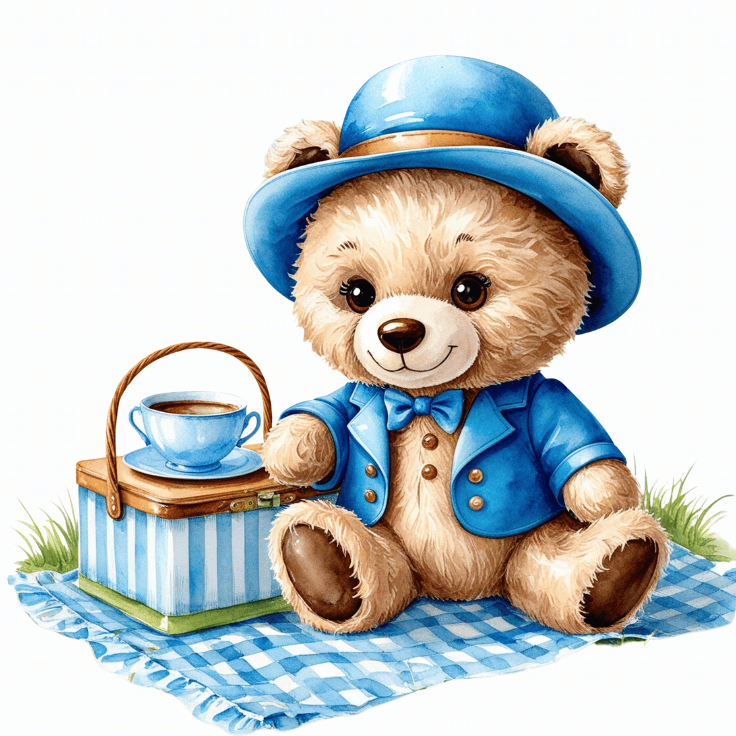 Teddy Bear Picnic on a Blanket – Watercolor Clipart (PNG, 300 DPI)