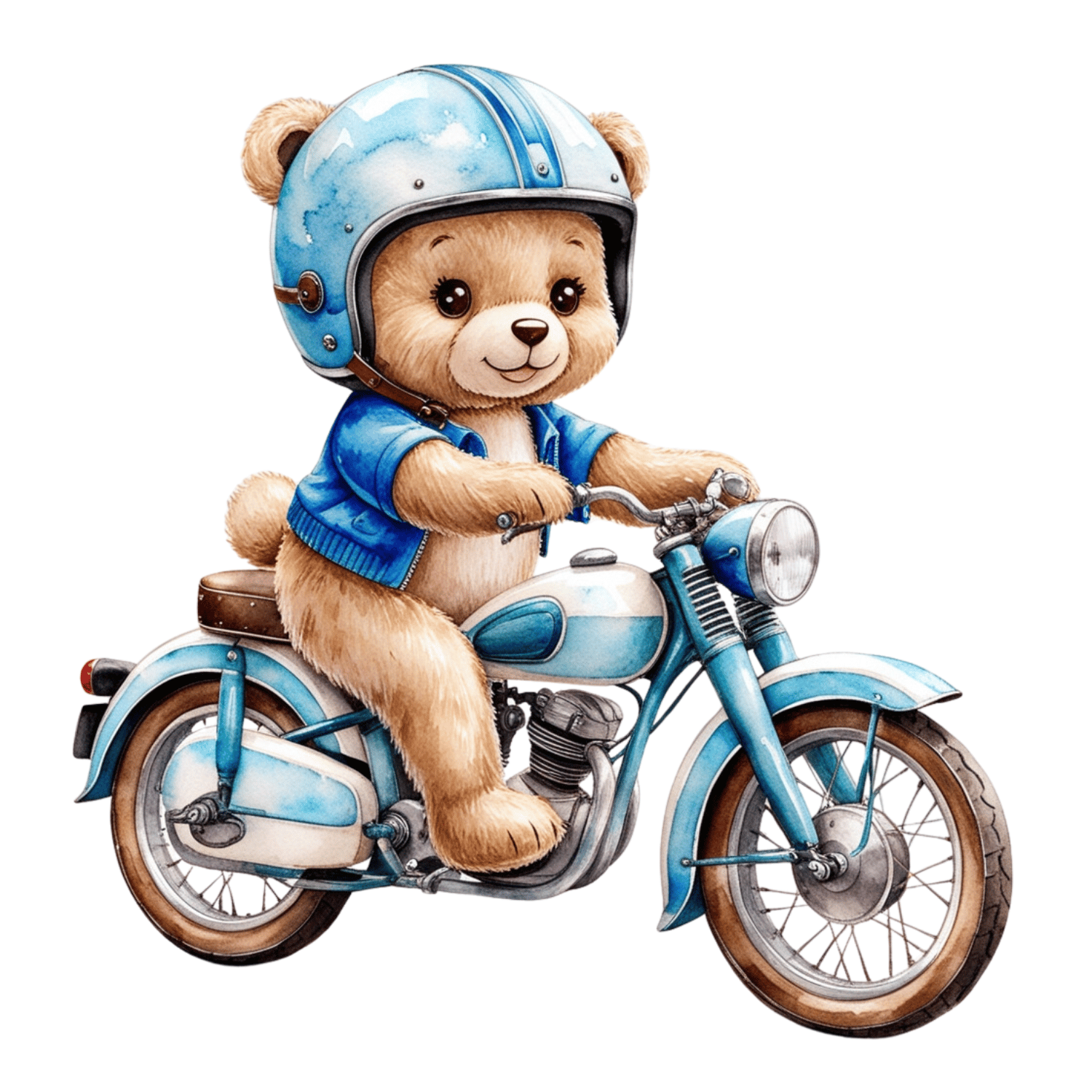 Biker Bear on Blue Motorcycle – Watercolor Clipart (PNG, 300 DPI)