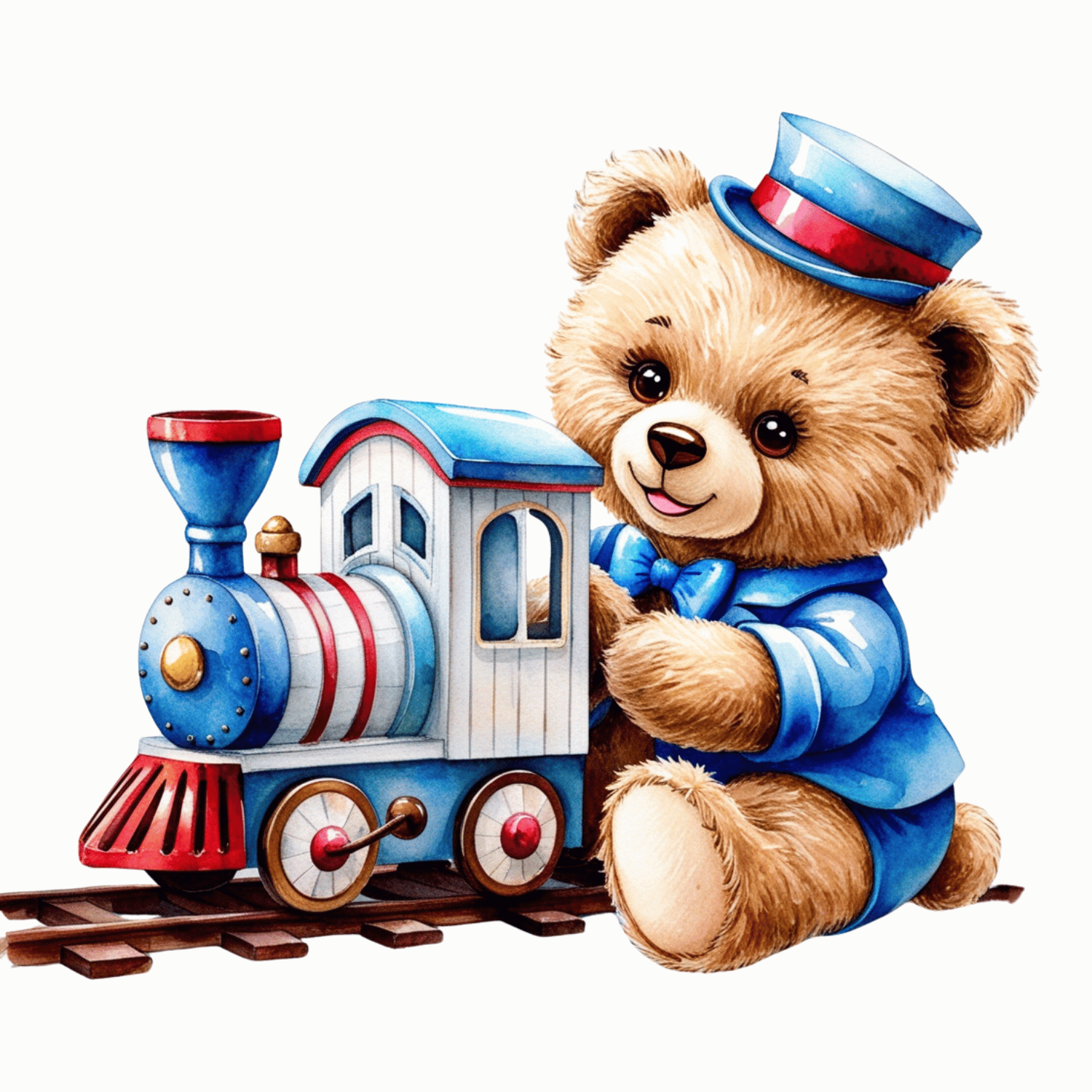 Dapper Bear with Toy Train – Watercolor Clipart (PNG, 300 DPI)