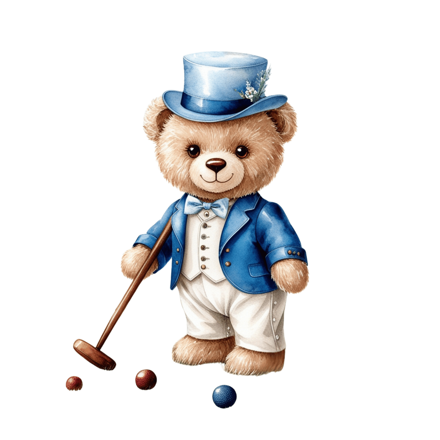 Dapper Bear Playing Croquet – Watercolor Clipart (PNG, 300 DPI)