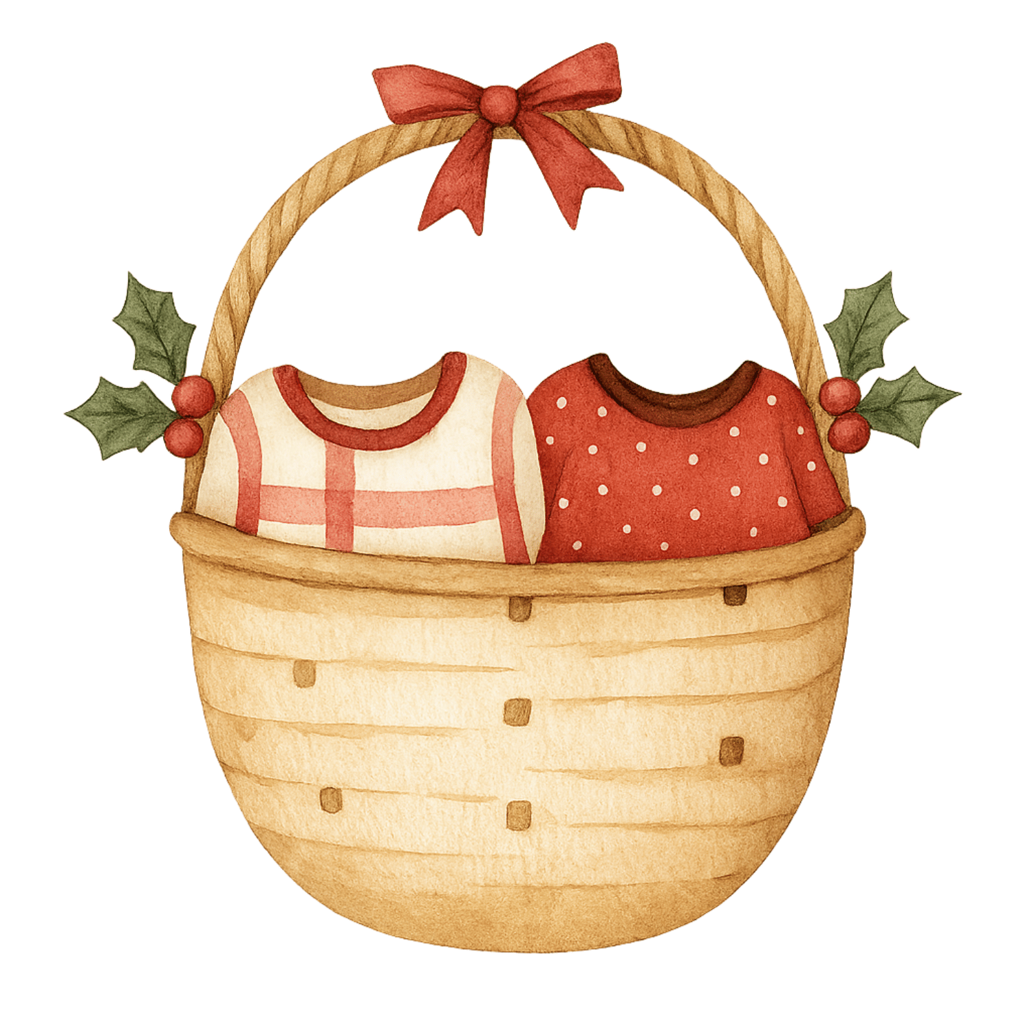 Free Watercolor Christmas Basket with Baby Sweaters Clipart (PNG, 300 DPI)