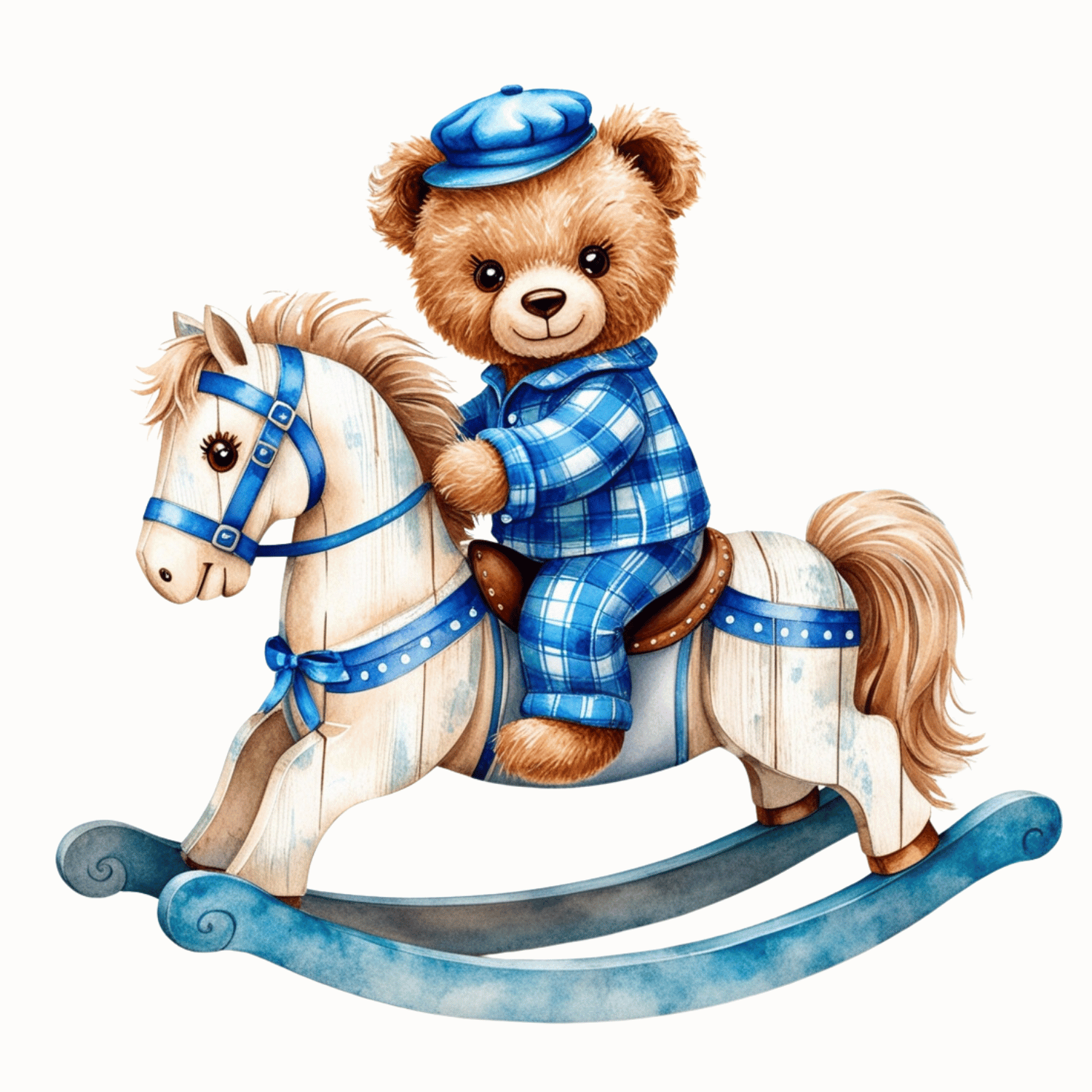 Bear on Wooden Rocking Horse (Plaid Outfit) – Watercolor Clipart (PNG, 300 DPI)