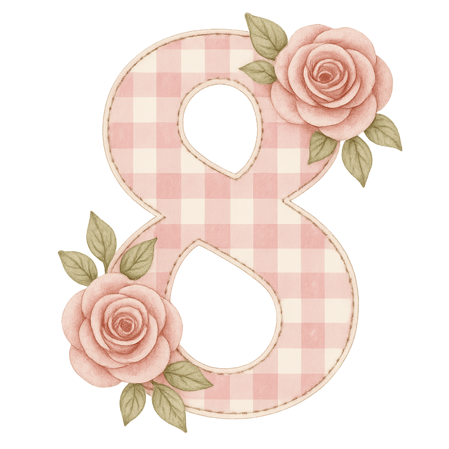 Free Pink Gingham Number 8 Clipart with Roses (PNG, 300 DPI)
