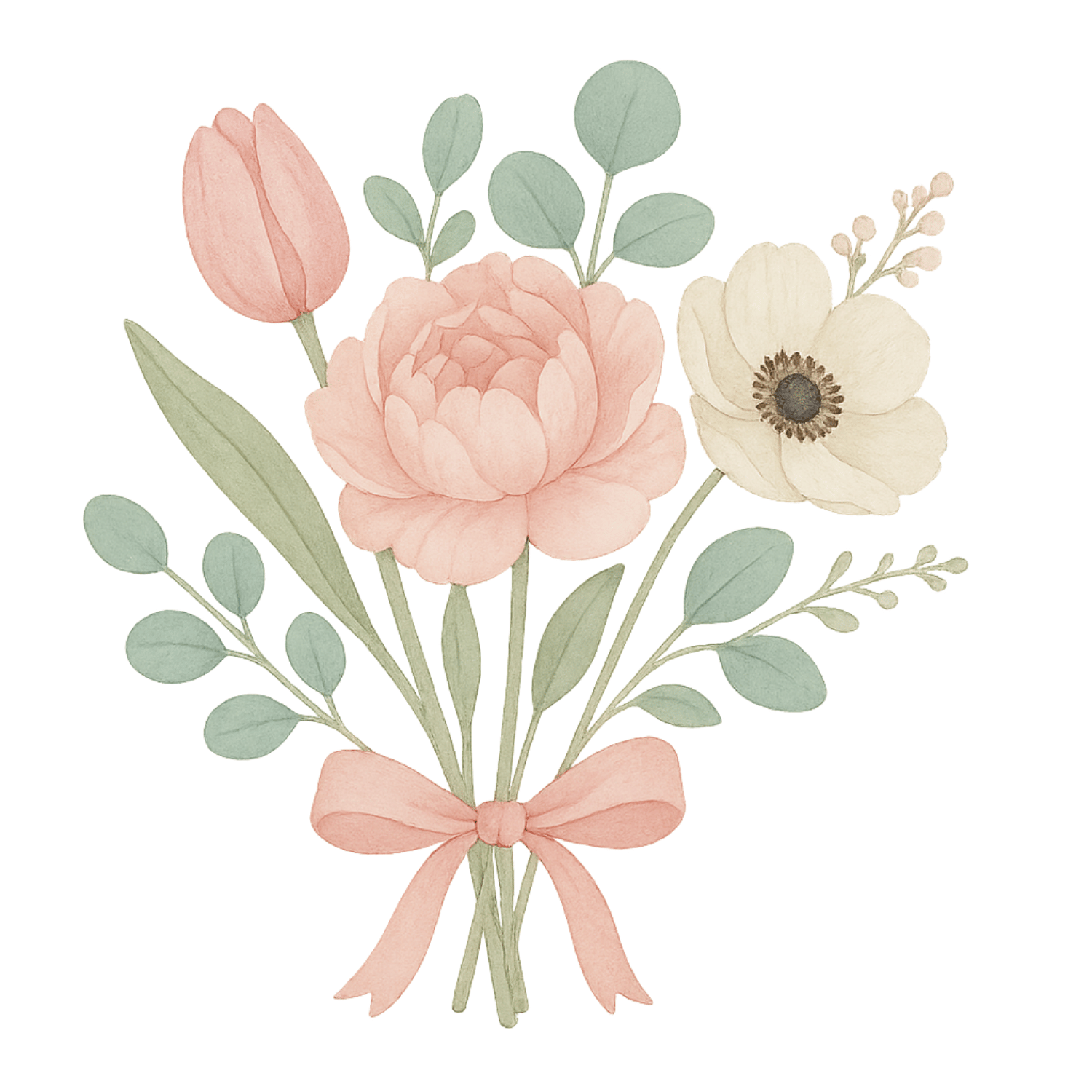 Free Pastel Peony, Tulip & Anemone Bouquet Clipart (PNG, 300 DPI)