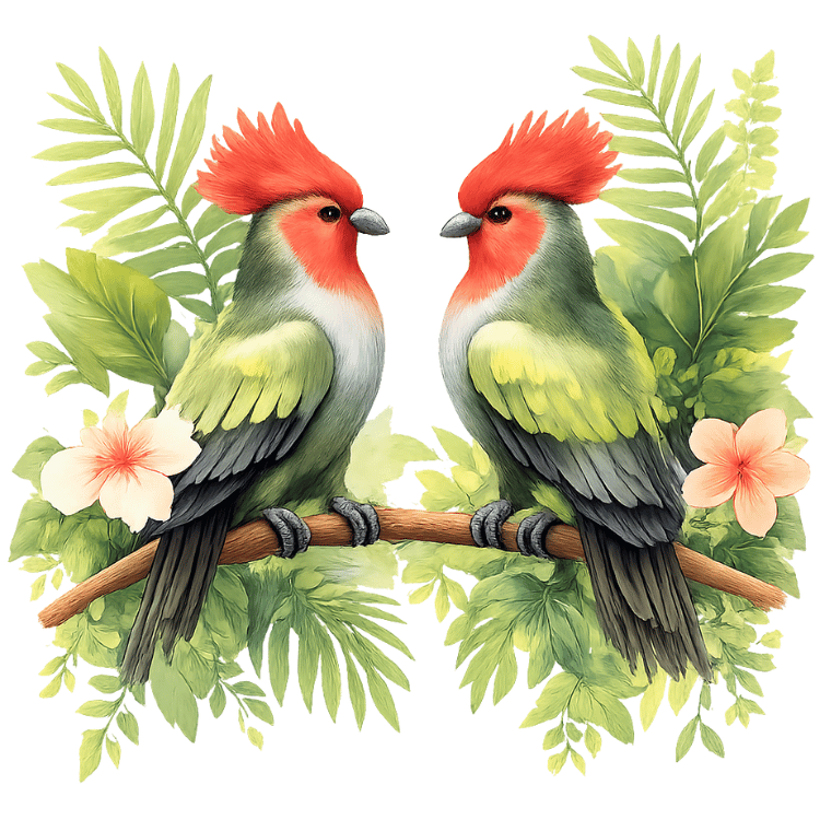 Free Watercolor Tropical Love Birds Clipart with Red Crests