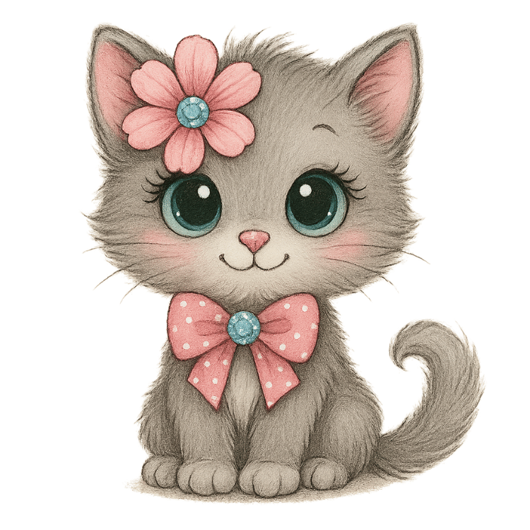 Free Cute Gray Kitten Clipart with Pink Bow and Flower