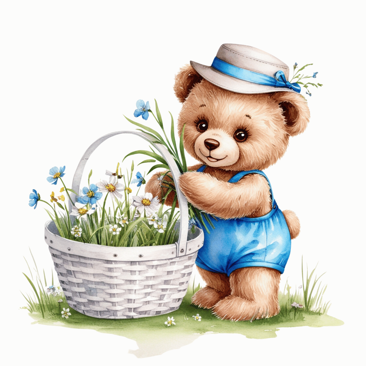 Teddy Bear with Flower Basket – Watercolor Clipart (PNG, 300 DPI)