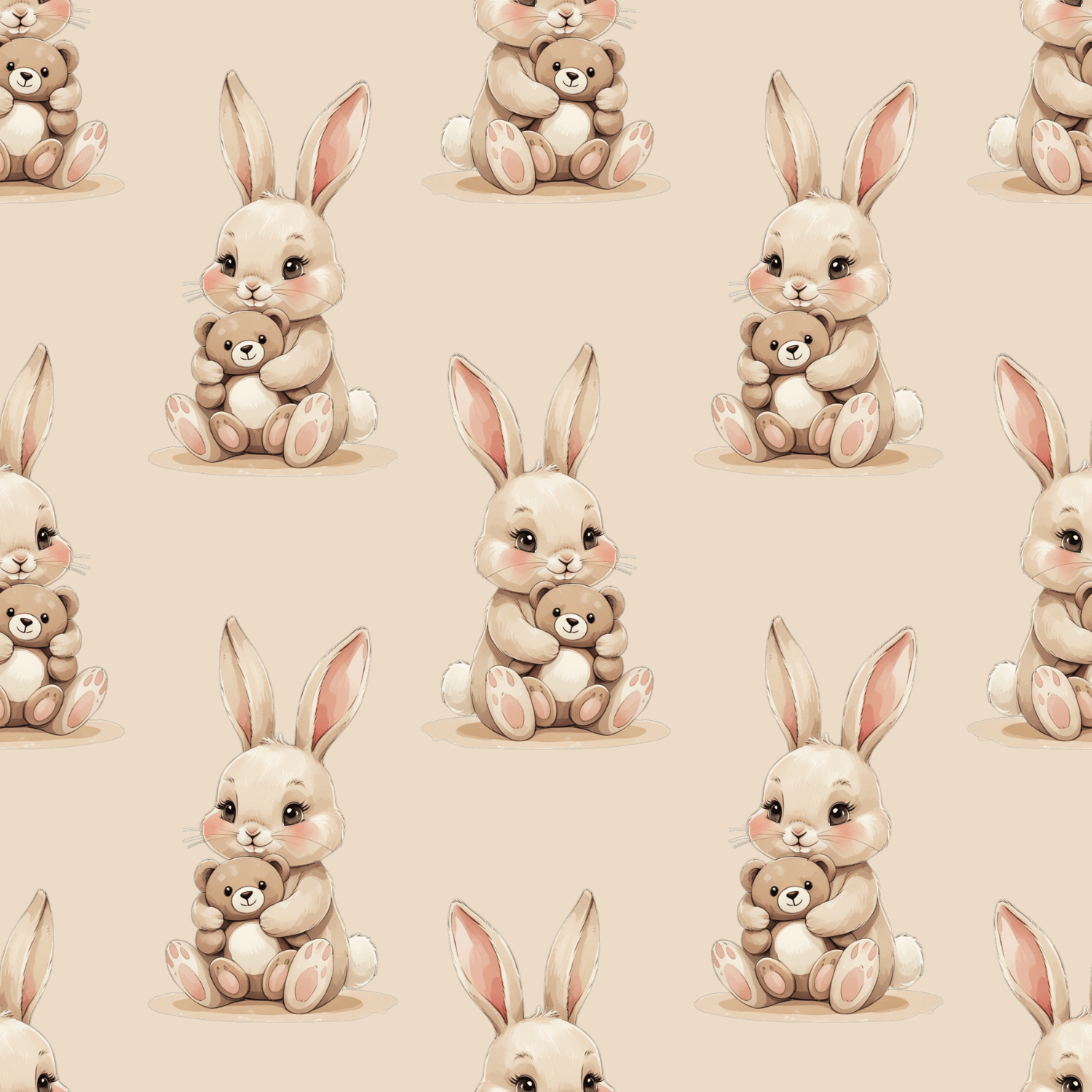 FREE Watercolor Bunny with Teddy Bear Seamless Pattern