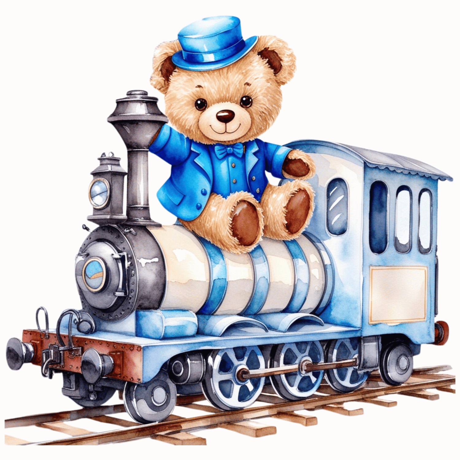 Bear Riding a Blue Train – Watercolor Clipart (PNG, 300 DPI)