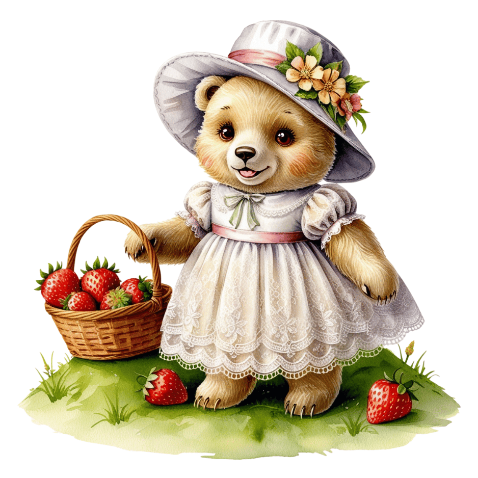 Free Vintage Teddy Bear Girl Picking Strawberries Clipart