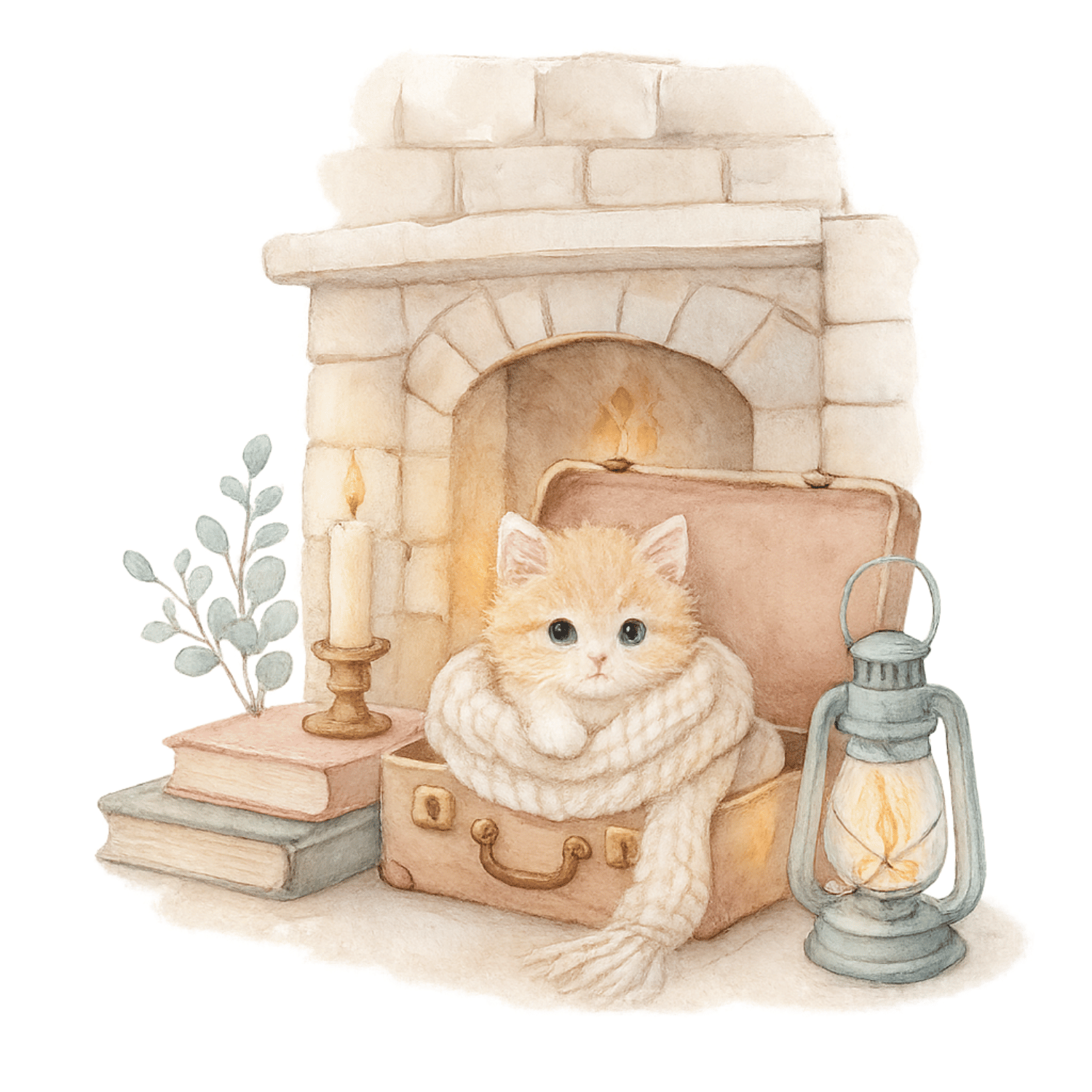 Free Watercolor Ginger Kitten by Fireplace Clipart (PNG, 300 DPI)