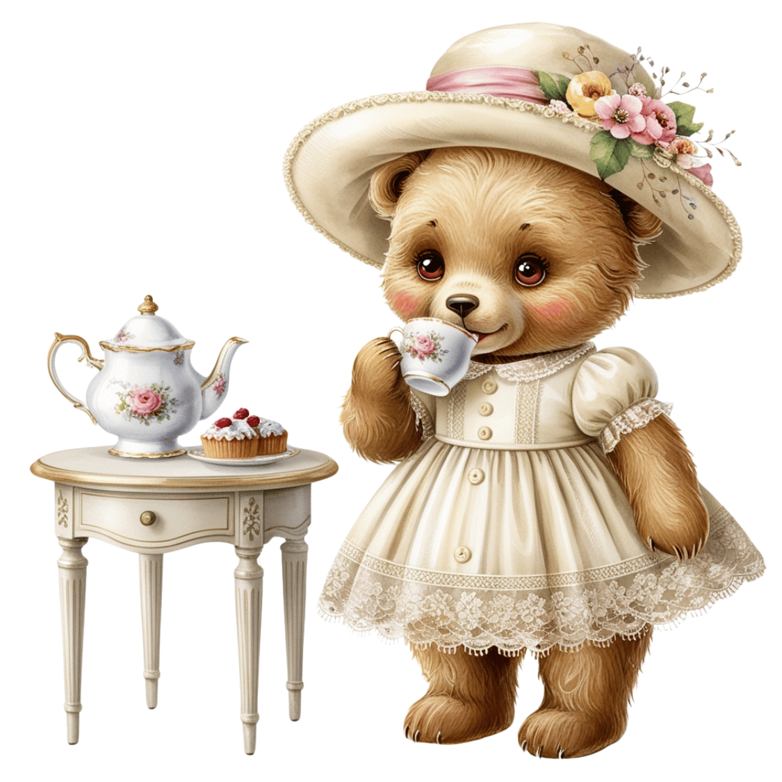 Free Vintage Teddy Bear Girl at Tea Time Clipart