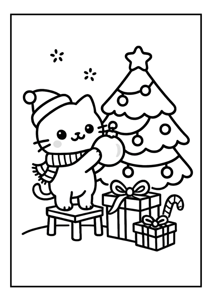 Free Cute Christmas Cat Coloring Pages Set