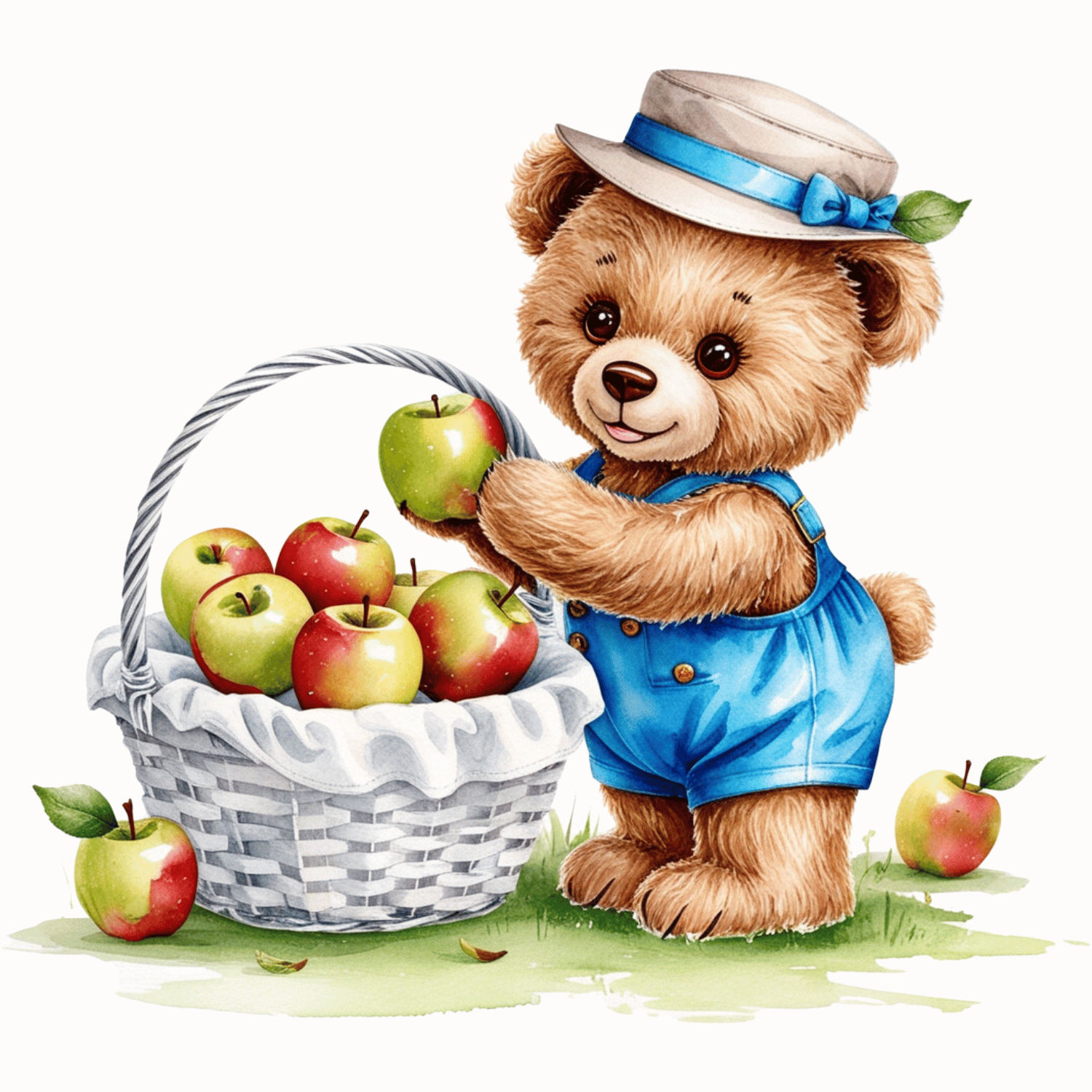 Apple-Picking Bear in Blue Overalls – Watercolor Clipart (PNG, 300 DPI)