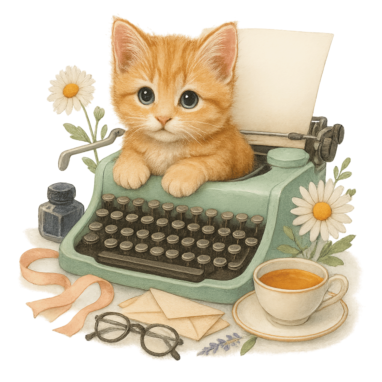 Free Watercolor Ginger Kitten with Typewriter Clipart (PNG, 300 DPI)