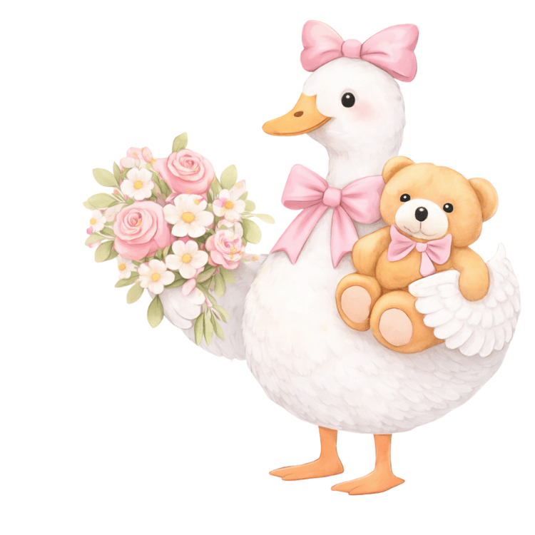 Free Pink Goose with Teddy Bear & Flowers Clipart