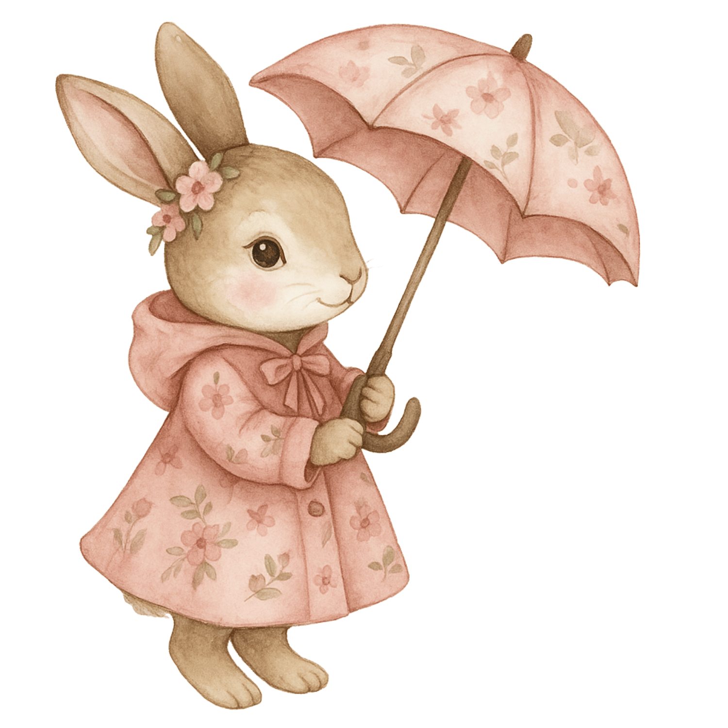 Free Rainy Day Bunny Watercolor Clipart with Pink Umbrella (PNG, 300 DPI)