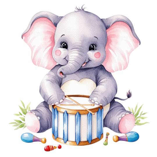 Free Watercolor Baby Elephant Playing Drum Clipart