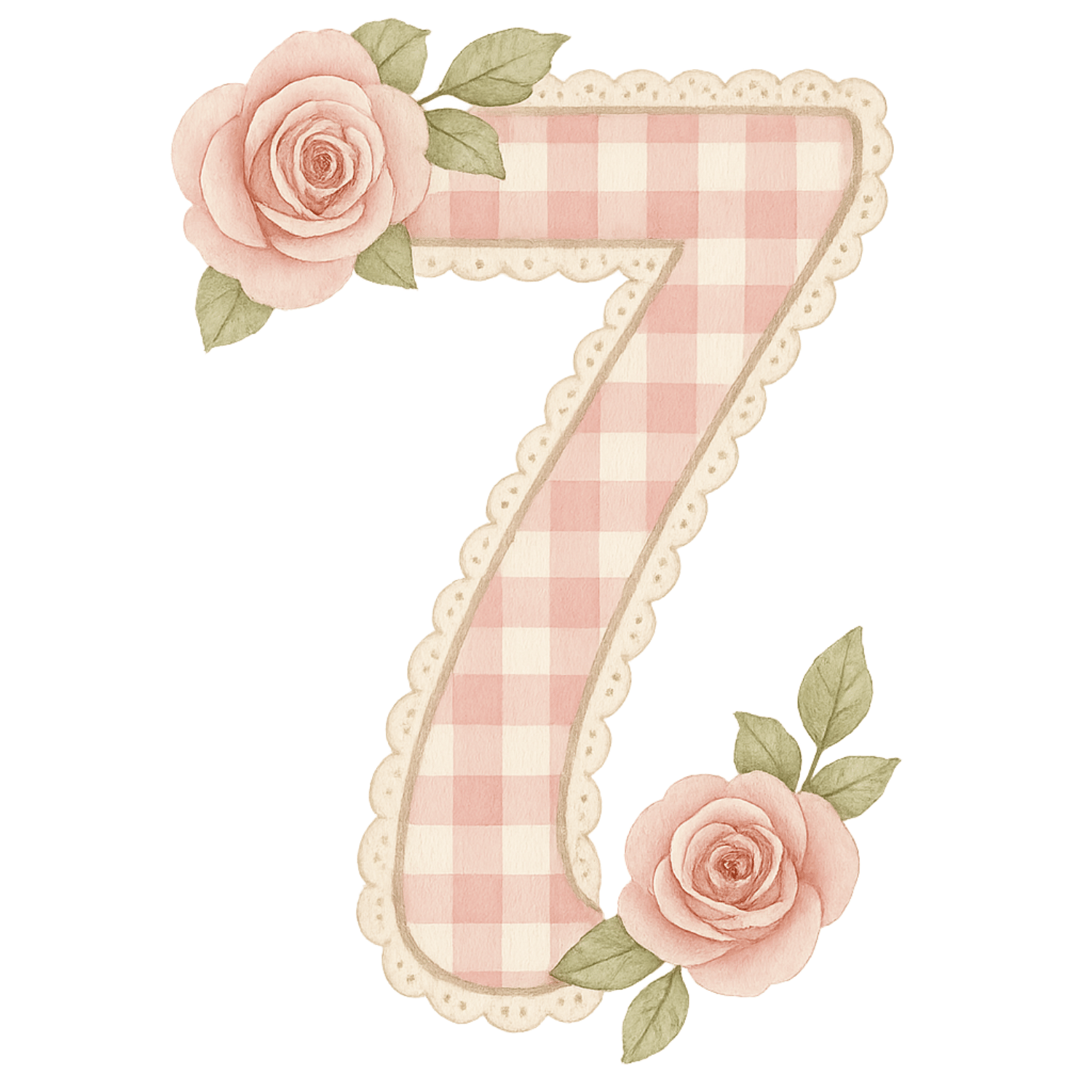 Free Pink Gingham Number 7 Clipart with Roses (PNG, 300 DPI)